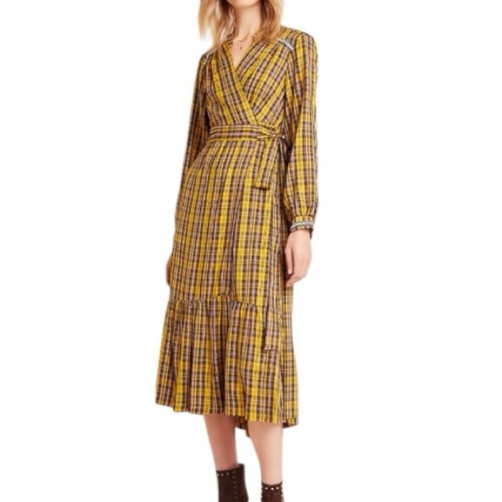 Anthropologie Dalton Wrap Maxi Dress XS Yellow Plaid Prairie